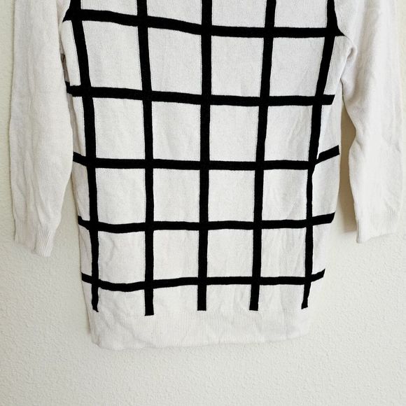 J Crew Window Pane Merino Wool Sweater Womens Size S 3/4 Sleeve White Black - Picture 2 of 5